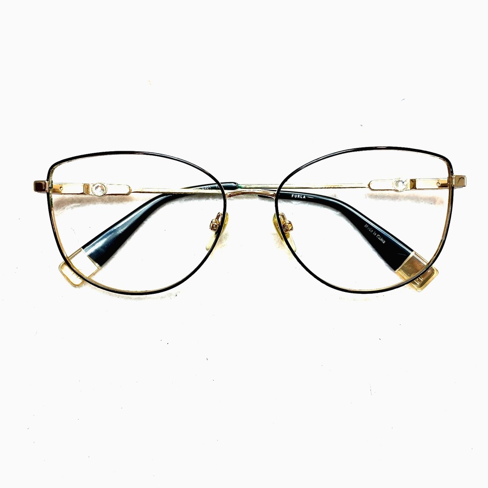 Furla Eyeglasses Col.0301 Black and Gold Metal Cat Eye 55-16-135 Frames Only